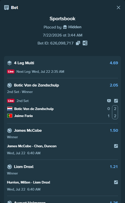 Bet slip: James McCabe - Chan, Duncan, $10,000.00 stake at 1.50 odds, placed by Hidden