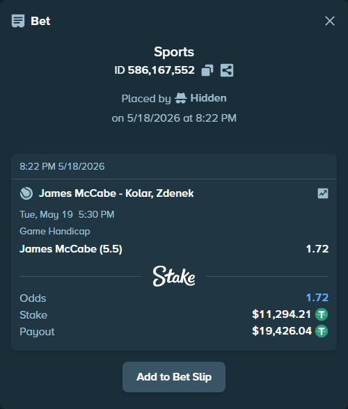 Bet slip: James McCabe - Kolar, Zdenek, $11,294.21 stake at 1.72 odds, placed by Hidden