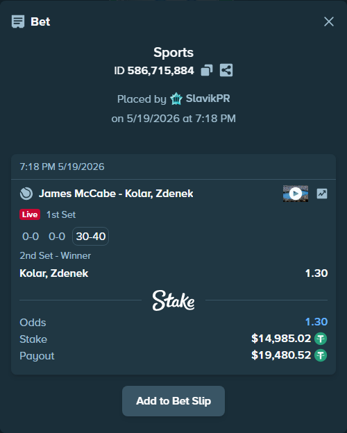 Bet slip: James McCabe - Kolar, Zdenek, $15,000.00 stake at 1.30 odds, placed by SlavikPR