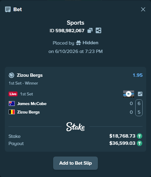 Bet slip: James McCabe - Zizou Bergs, $18,787.50 stake at 1.95 odds, placed by Hidden