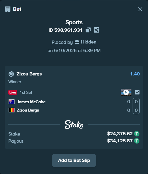 Bet slip: James McCabe - Zizou Bergs, $24,400.00 stake at 1.40 odds, placed by Hidden