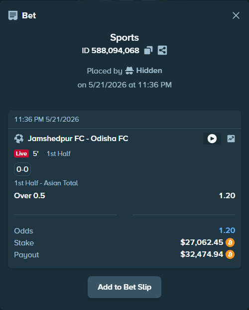 Bet slip: Jamshedpur FC - Odisha FC, $22,579.83 stake at 1.20 odds, placed by ninafreak