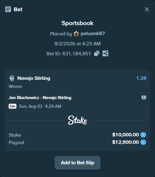 Bet slip: Jan Blachowicz - Navajo Stirling, $10,000.00 stake at 1.29 odds, placed by paluank87