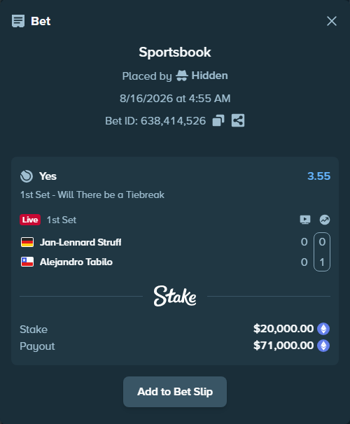 Bet slip: Jan-Lennard Struff - Alejandro Tabilo, $19,998.69 stake at 3.55 odds, placed by Hidden