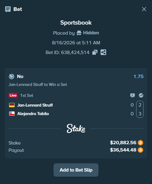 Bet slip: Jan-Lennard Struff - Alejandro Tabilo, $20,880.34 stake at 1.75 odds, placed by Hidden