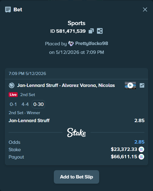 Bet slip: Jan-Lennard Struff - Alvarez Varona, Nicolas, $17,893.07 stake at 2.85 odds, placed by Prettylfacko98