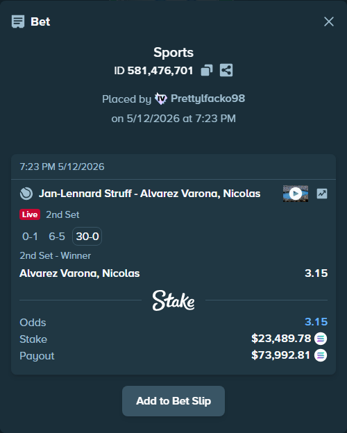 Bet slip: Jan-Lennard Struff - Alvarez Varona, Nicolas, $17,897.11 stake at 3.15 odds, placed by Prettylfacko98