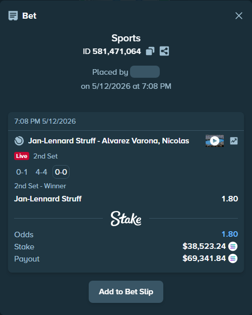 Bet slip: Jan-Lennard Struff - Alvarez Varona, Nicolas, $29,492.10 stake at 1.80 odds, placed by Prettylfacko98