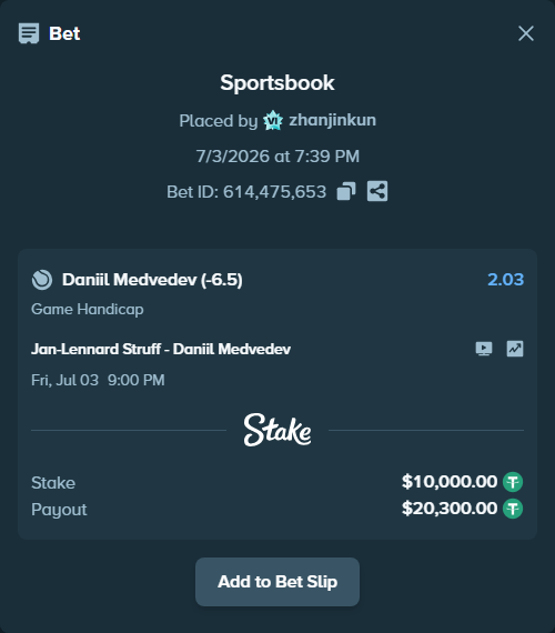 Bet slip: Jan-Lennard Struff - Daniil Medvedev, $10,010.00 stake at 2.03 odds, placed by zhanjinkun