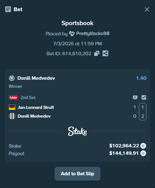 Bet slip: Jan-Lennard Struff - Daniil Medvedev, $104,378.02 stake at 1.40 odds, placed by Prettylfacko98