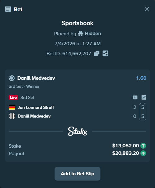 Bet slip: Jan-Lennard Struff - Daniil Medvedev, $13,065.05 stake at 1.60 odds, placed by Hidden