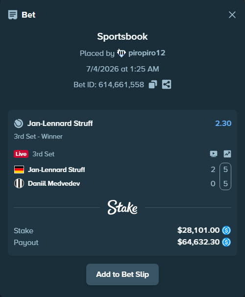 Bet slip: Jan-Lennard Struff - Daniil Medvedev, $28,101.00 stake at 2.30 odds, placed by piropiro12