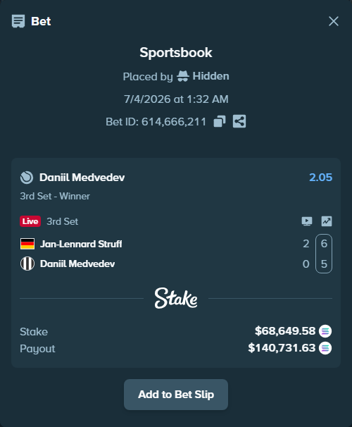 Bet slip: Jan-Lennard Struff - Daniil Medvedev, $69,507.52 stake at 2.05 odds, placed by Prettylfacko98