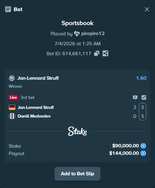 Bet slip: Jan-Lennard Struff - Daniil Medvedev, $90,000.00 stake at 1.60 odds, placed by piropiro12