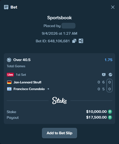 Bet slip: Jan-Lennard Struff - Francisco Cerundolo, $10,000.00 stake at 1.75 odds, placed by taragu