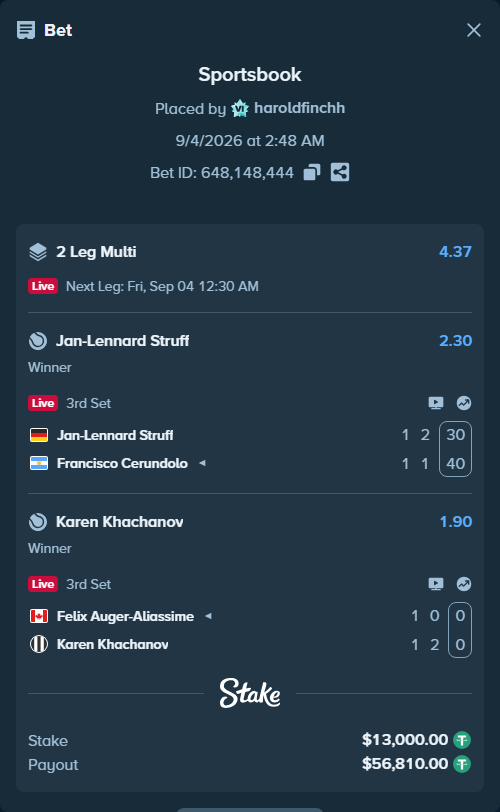 Bet slip: Jan-Lennard Struff - Francisco Cerundolo, $13,000.00 stake at 2.30 odds, placed by haroldfinchh