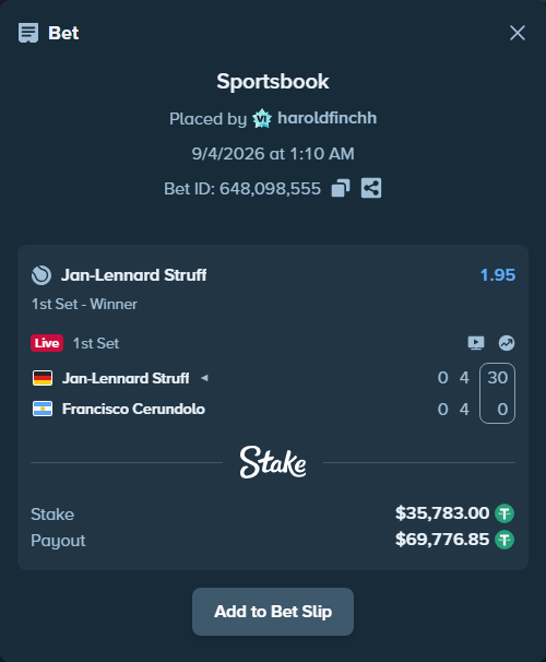 Bet slip: Jan-Lennard Struff - Francisco Cerundolo, $35,783.00 stake at 1.95 odds, placed by haroldfinchh