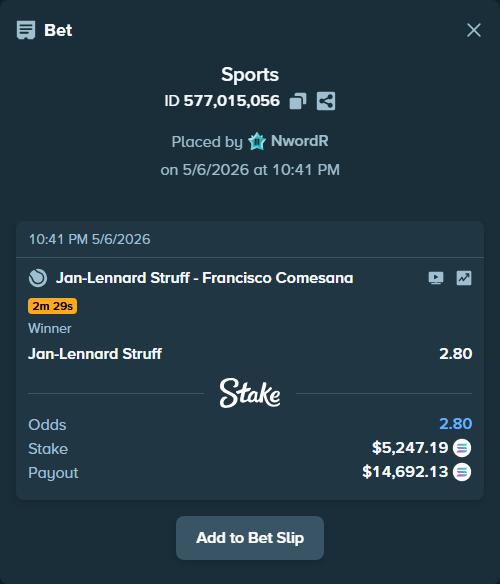 Bet slip: Jan-Lennard Struff - Francisco Comesana, $4,305.23 stake at 2.80 odds, placed by NwordR