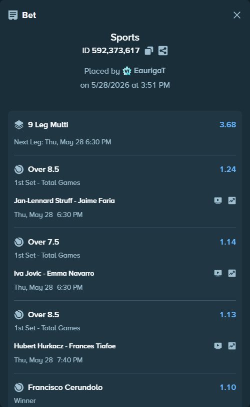 Bet slip: Jan-Lennard Struff - Jaime Faria, $21,072.18 stake at 1.24 odds, placed by EaurigaT