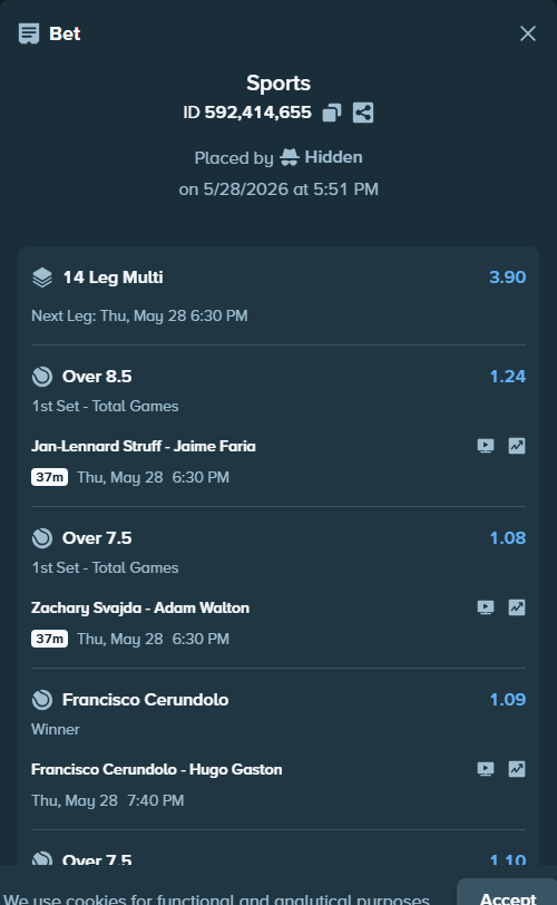 Bet slip: Jan-Lennard Struff - Jaime Faria, $42,051.43 stake at 1.24 odds, placed by Hidden
