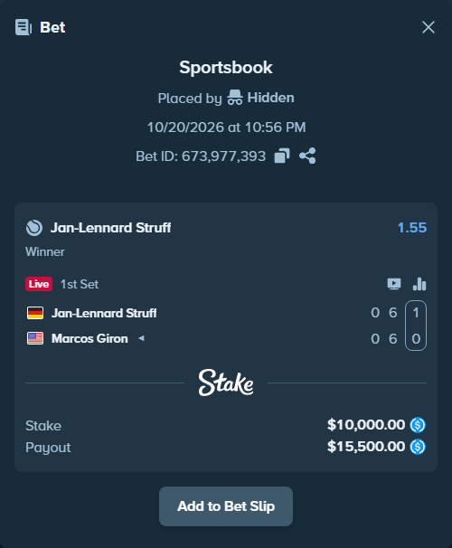 Bet slip: Jan-Lennard Struff - Marcos Giron, $10,000.00 stake at 1.55 odds, placed by Hidden