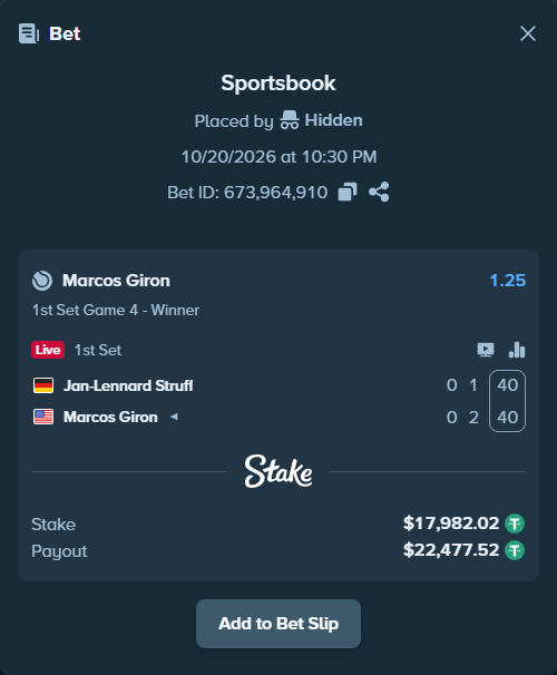 Bet slip: Jan-Lennard Struff - Marcos Giron, $18,000.00 stake at 1.25 odds, placed by Kriski99