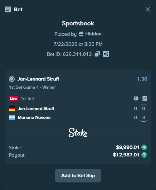 Bet slip: Jan-Lennard Struff - Mariano Navone, $10,000.00 stake at 1.30 odds, placed by Hidden