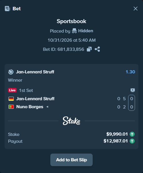 Bet slip: Jan-Lennard Struff - Nuno Borges, $10,000.00 stake at 1.30 odds, placed by Kishnoalmai