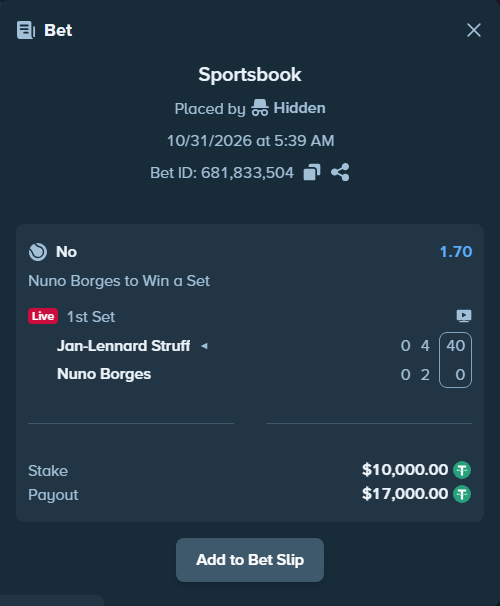Bet slip: Jan-Lennard Struff - Nuno Borges, $10,010.00 stake at 1.70 odds, placed by Hidden