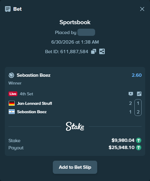 Bet slip: Jan-Lennard Struff - Sebastian Baez, $10,000.00 stake at 2.60 odds, placed by Regenergy