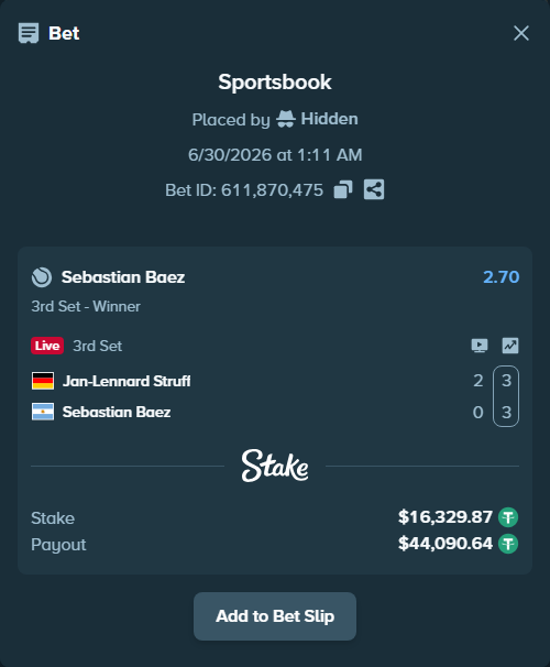 Bet slip: Jan-Lennard Struff - Sebastian Baez, $16,362.53 stake at 2.70 odds, placed by Hidden