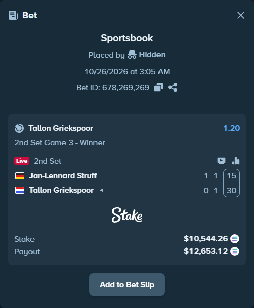 Bet slip: Jan-Lennard Struff - Tallon Griekspoor, $10,581.02 stake at 1.20 odds, placed by Prettylfacko98