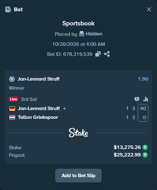 Bet slip: Jan-Lennard Struff - Tallon Griekspoor, $13,288.53 stake at 1.90 odds, placed by Hidden