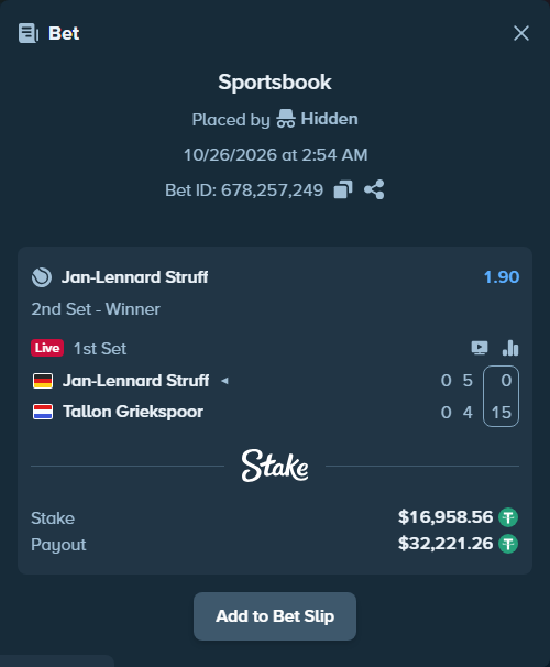 Bet slip: Jan-Lennard Struff - Tallon Griekspoor, $16,975.52 stake at 1.90 odds, placed by Hidden