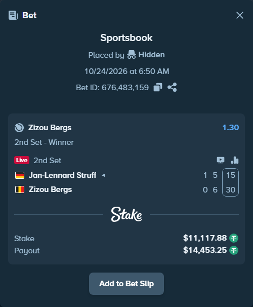 Bet slip: Jan-Lennard Struff - Zizou Bergs, $11,129.00 stake at 1.30 odds, placed by Hidden