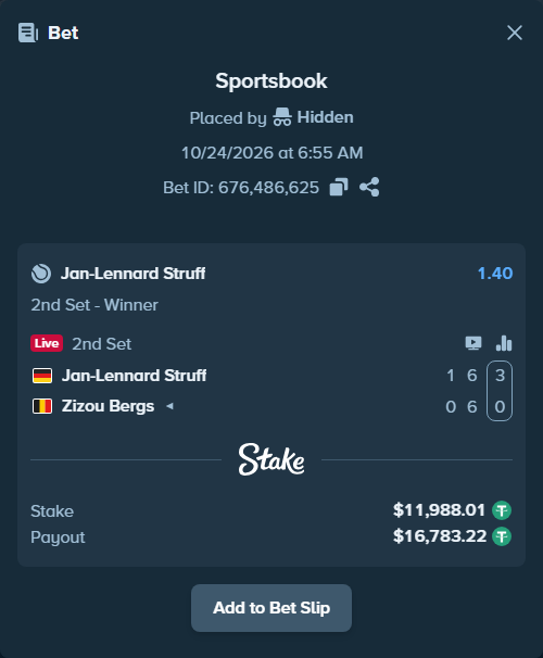 Bet slip: Jan-Lennard Struff - Zizou Bergs, $12,000.00 stake at 1.40 odds, placed by diomancy