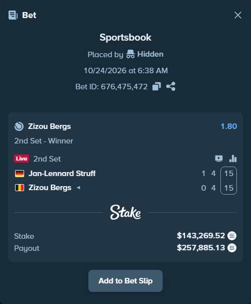 Bet slip: Jan-Lennard Struff - Zizou Bergs, $143,462.71 stake at 1.80 odds, placed by Prettylfacko98