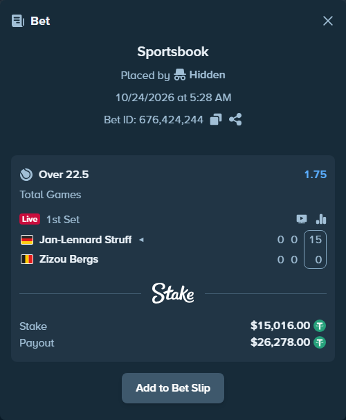 Bet slip: Jan-Lennard Struff - Zizou Bergs, $15,031.02 stake at 1.75 odds, placed by Hidden