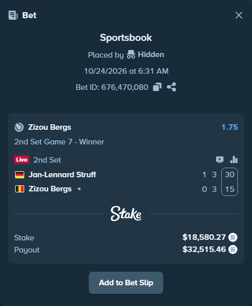 Bet slip: Jan-Lennard Struff - Zizou Bergs, $18,578.35 stake at 1.75 odds, placed by Prettylfacko98