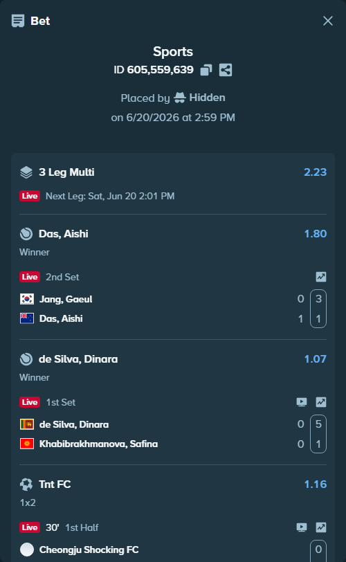 Bet slip: Jang, Gaeul - Das, Aishi, $10,000.00 stake at 1.80 odds, placed by Hidden