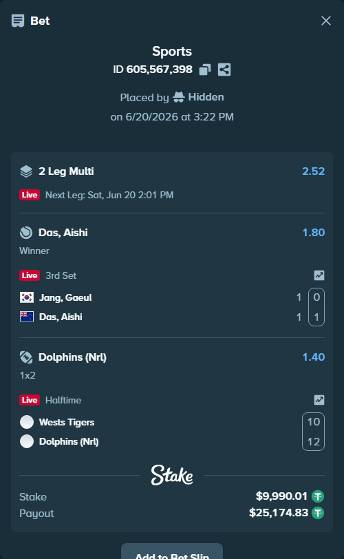 Bet slip: Jang, Gaeul - Das, Aishi, $10,000.00 stake at 1.80 odds, placed by Hidden