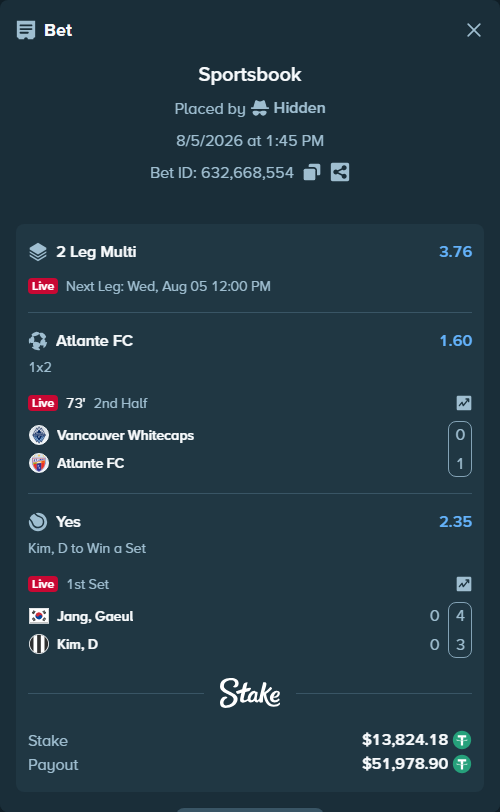 Bet slip: Jang, Gaeul - Kim, D, $13,838.00 stake at 2.35 odds, placed by Hidden