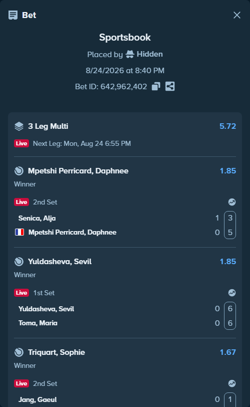 Bet slip: Jang, Gaeul - Triquart, Sophie, $10,000.00 stake at 1.67 odds, placed by Hidden