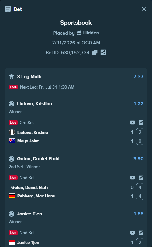 Bet slip: Janice Tjen - Anna Kalinskaya, $10,000.00 stake at 1.55 odds, placed by Hidden