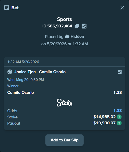 Bet slip: Janice Tjen - Camila Osorio, $15,000.00 stake at 1.33 odds, placed by Hidden