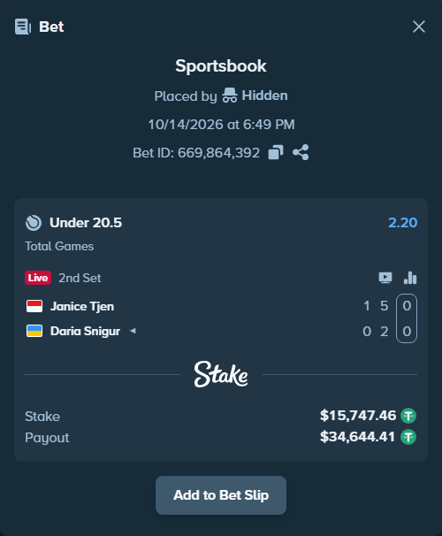 Bet slip: Janice Tjen - Daria Snigur, $15,763.21 stake at 2.20 odds, placed by Hidden