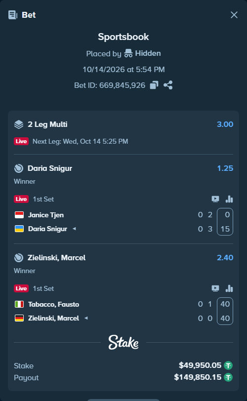 Bet slip: Janice Tjen - Daria Snigur, $50,000.00 stake at 1.25 odds, placed by Hidden