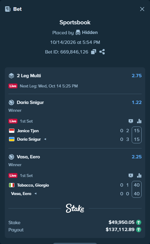 Bet slip: Janice Tjen - Daria Snigur, $50,000.00 stake at 1.22 odds, placed by Hidden