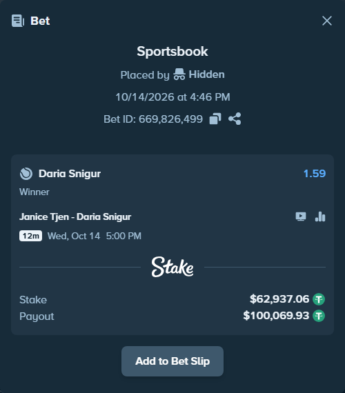 Bet slip: Janice Tjen - Daria Snigur, $63,000.00 stake at 1.59 odds, placed by Hidden