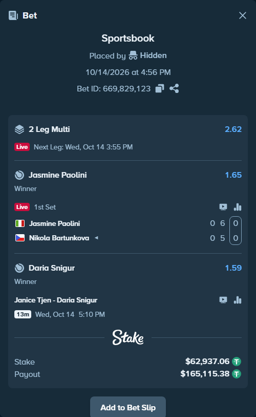 Bet slip: Janice Tjen - Daria Snigur, $63,000.00 stake at 1.59 odds, placed by Hidden